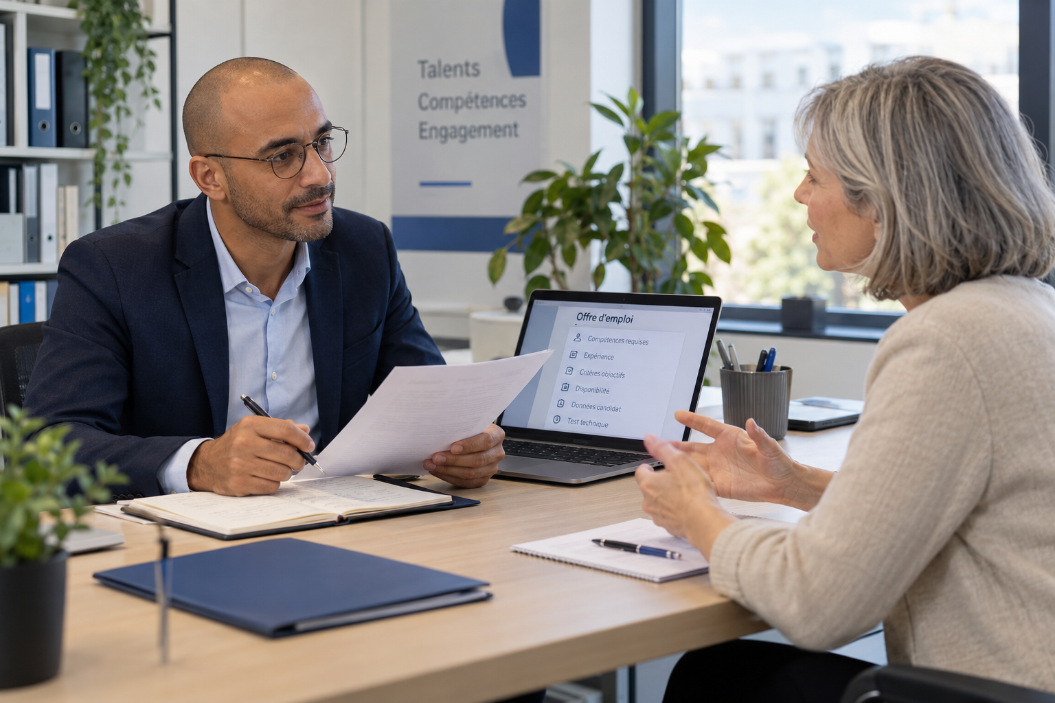 Employeur menant un entretien de recrutement dans le respect des règles applicables aux candidats