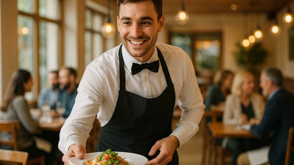 Serveur en restaurant illustrant le calcul des heures supplémentaires dans la convention collective HCR