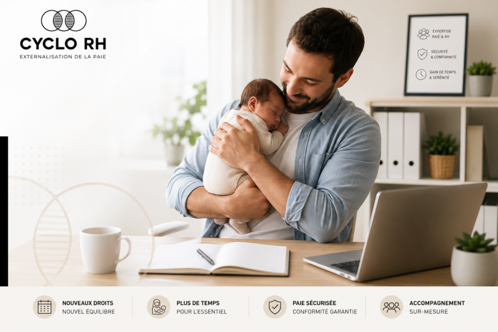 Parent tenant son nouveau-né pendant le congé supplémentaire de naissance 2026 dans un environnement de télétravail.