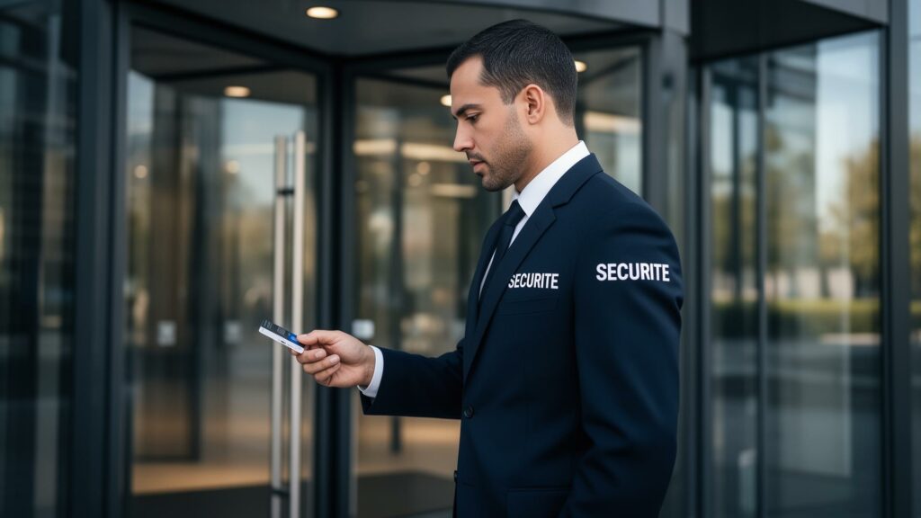 Agent de sécurité privée en uniforme appliquant la convention collective IDCC 1351 dans une entreprise de prévention et de sécurité