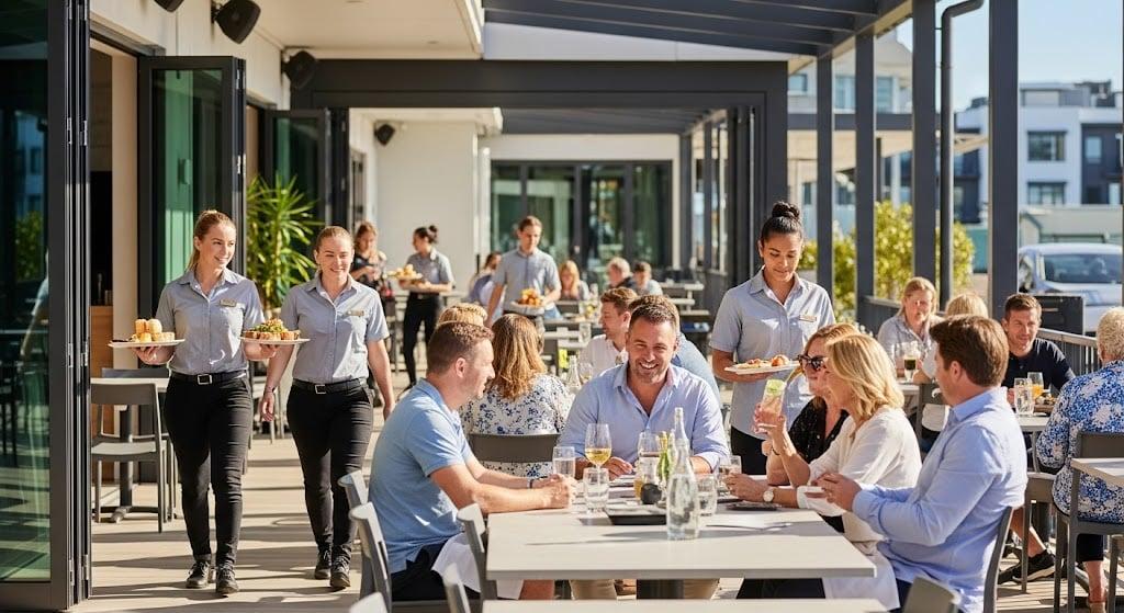 Illustration d'un salarié saisonnier en restauration. Cet article explique les règles applicables au CDD saisonnier, au calcul de la paie, aux heures supplémentaires, aux avantages en nature repas et aux obligations sociales des employeurs HCR. Serveur saisonnier en restauration assurant le service en terrasse pendant la saison estivale, illustration des règles de paie et du contrat saisonnier dans le secteur HCR.