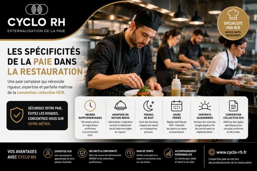 Brigade de cuisine en plein service illustrant les spécificités de la paie HCR dans la restauration : heures supplémentaires, travail de nuit, avantages en nature repas et gestion des contrats saisonniers.