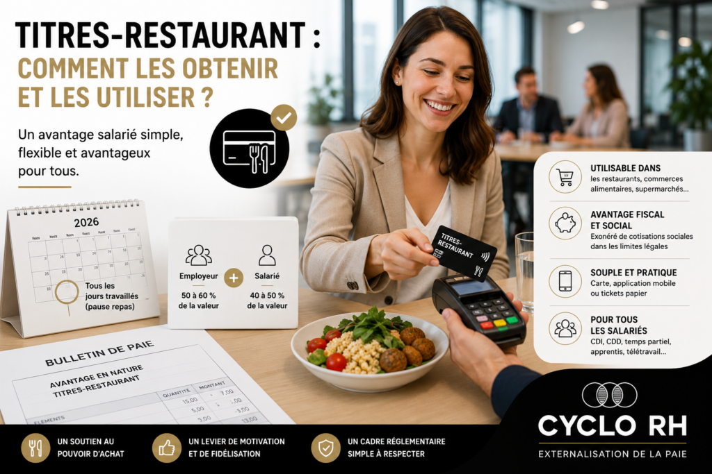 Salariée utilisant une carte titres-restaurant pour payer son repas dans le cadre d'un avantage social proposé par son entreprise.