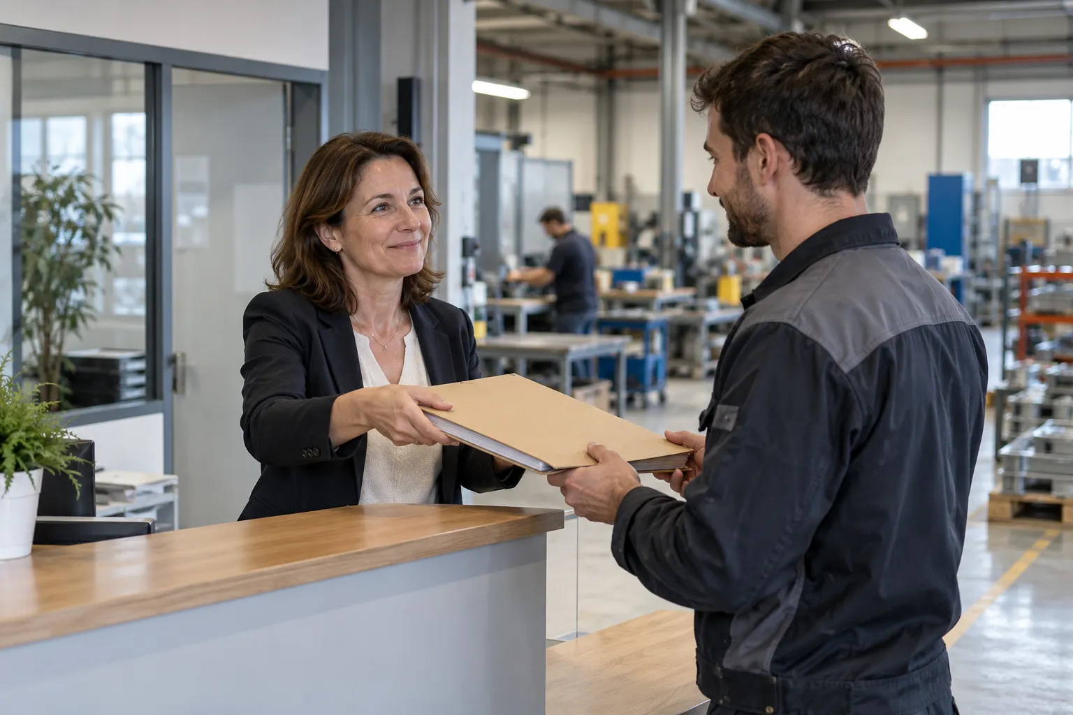Un responsable accueille un nouveau salarié dans une PME et lui remet une pochette contenant les documents d'intégration
