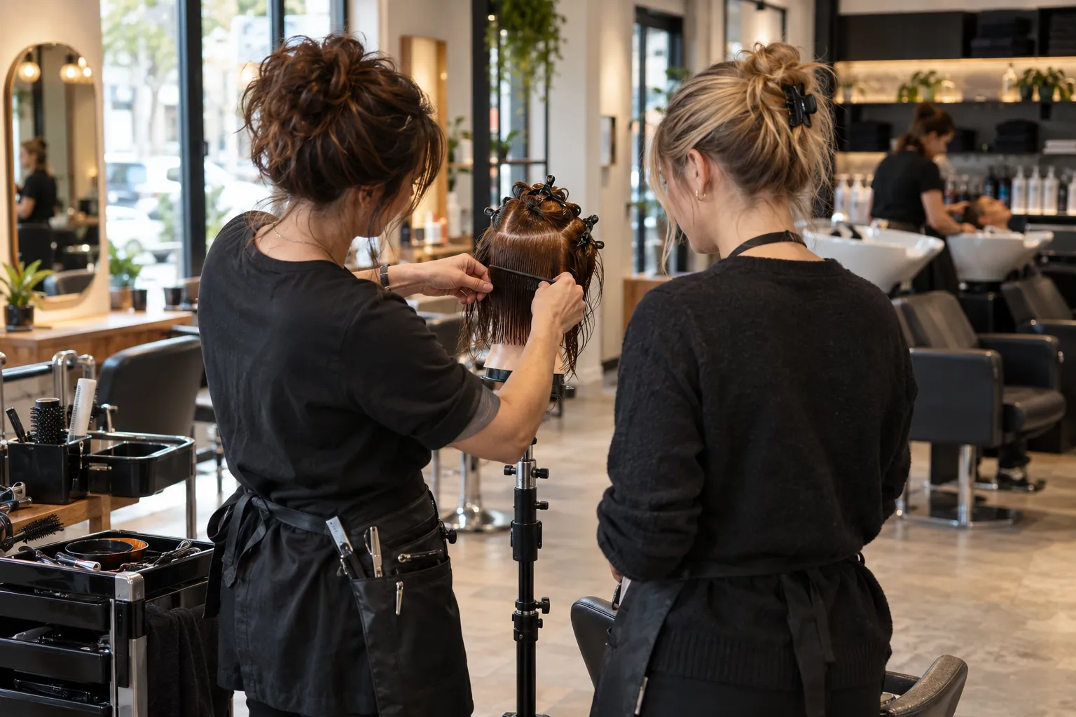 Deux professionnels de la coiffure travaillent ensemble dans un salon, illustrant les compétences et les fonctions des salariés