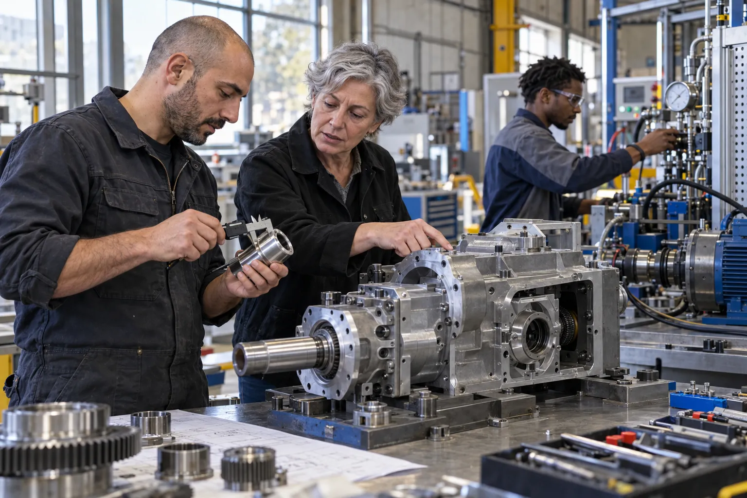 Ingénieurs et techniciens d’un bureau d’études industriel examinant un équipement mécanique lors d’une phase de conception