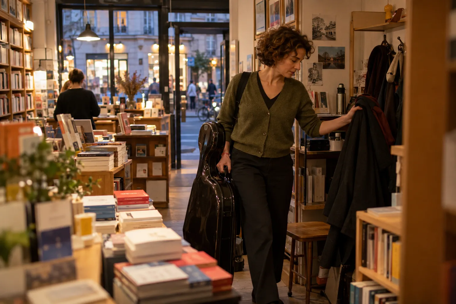 Salariée quittant une librairie indépendante avec un instrument de musique, illustrant le cumul d’activités et la clause d’exclusivité