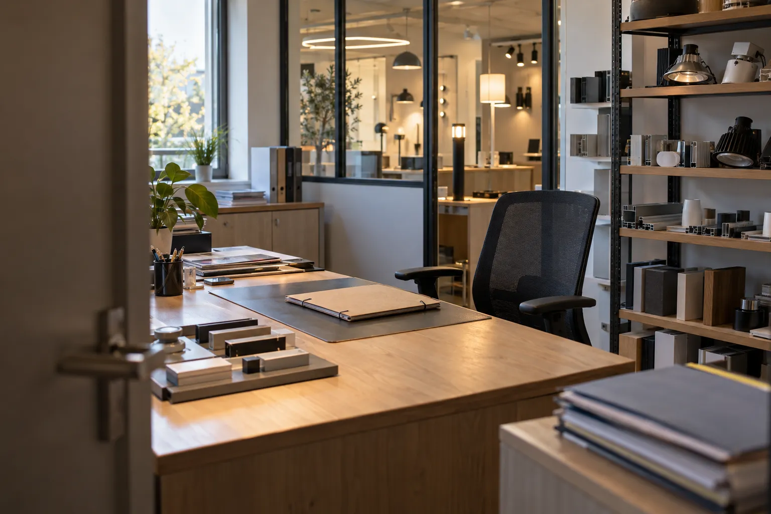 Bureau commercial momentanément inoccupé dans une PME française, avec des échantillons de produits et des dossiers professionnels rangés