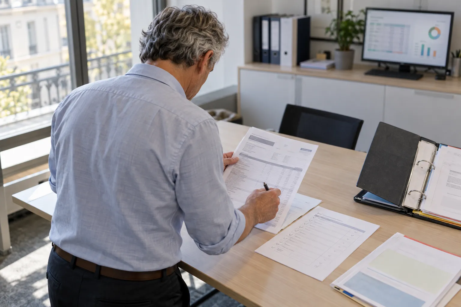 Contrôles des bulletins dans Silae : un professionnel de la paie vérifie un bulletin imprimé dans un cabinet comptable.