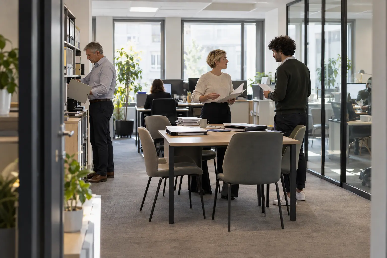 Équipe de collaborateurs dans les locaux d'un cabinet d'expertise comptable français.