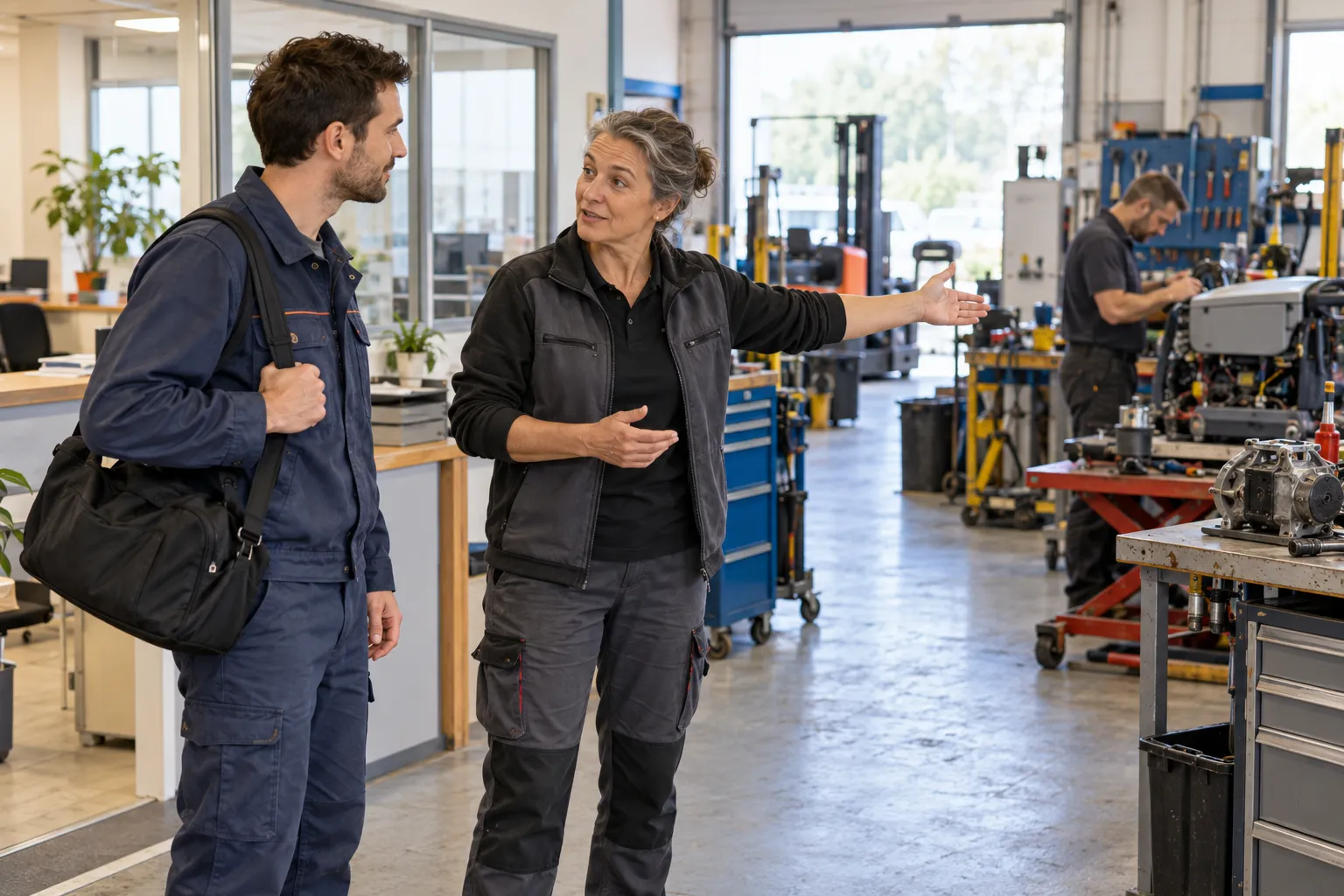 Responsable d'une petite entreprise accueillant un nouveau salarié dans un atelier professionnel