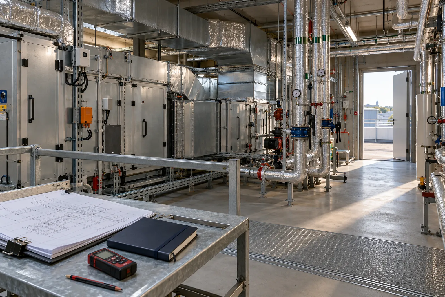 Salle technique de génie climatique dans un bâtiment tertiaire, avec installations de ventilation, réseaux de tuyauteries et plans d’ingénierie