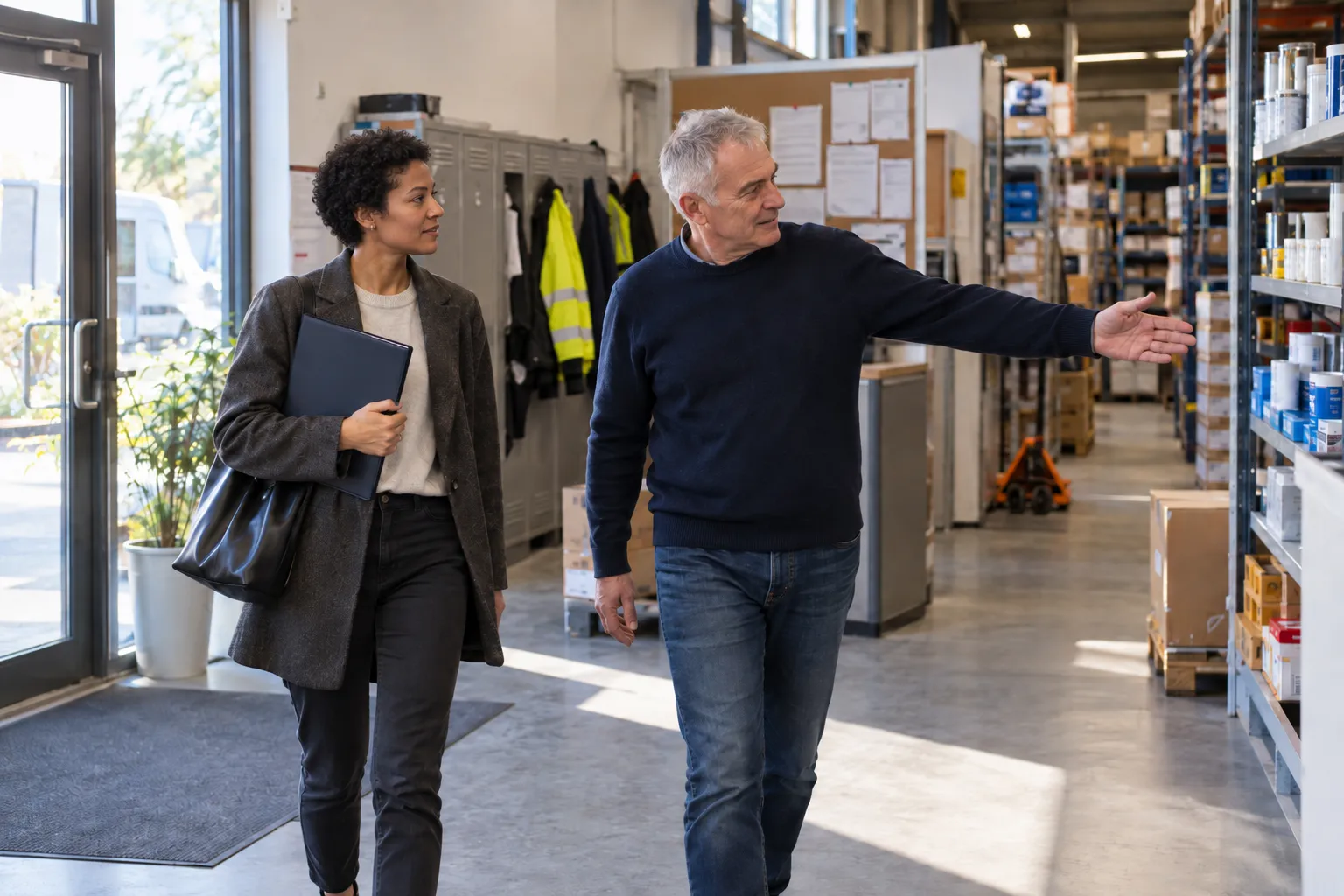 Responsable d'une PME accueillant une nouvelle salariée dans les locaux de l'entreprise.