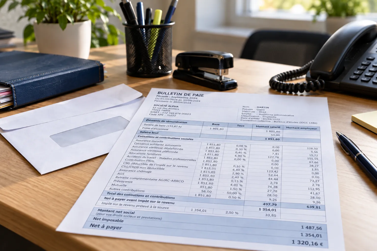 Bulletin de paie posé sur un bureau administratif, illustrant les différents montants nets du salaire.