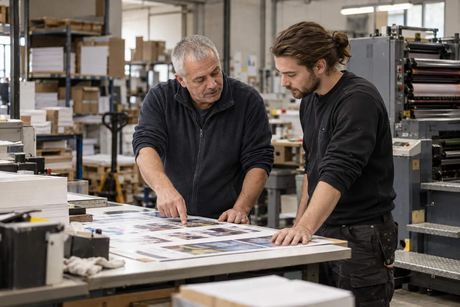 Responsable d'atelier échangeant avec un nouveau salarié dans une petite imprimerie française pendant sa période d'essai.