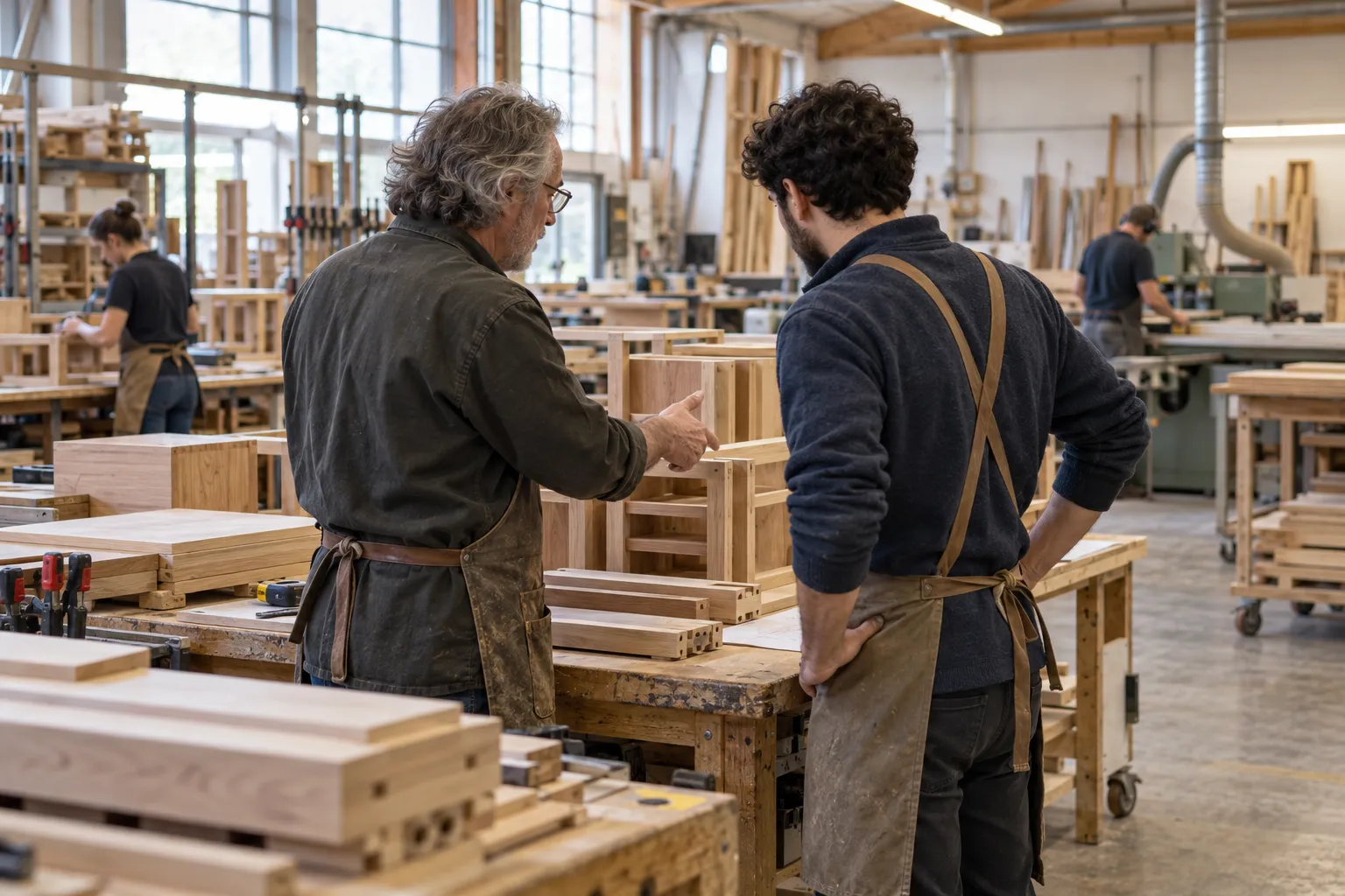 Responsable d’un atelier de fabrication présentant l’organisation du travail à un salarié récemment promu chef d’équipe