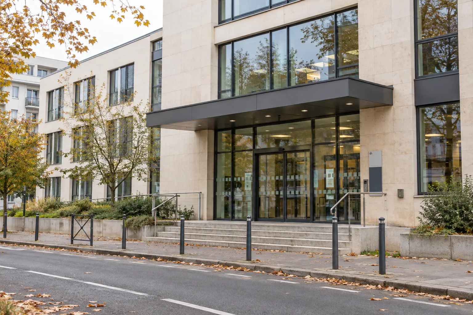 Entrée d'un bâtiment administratif français consacré à la protection sociale.