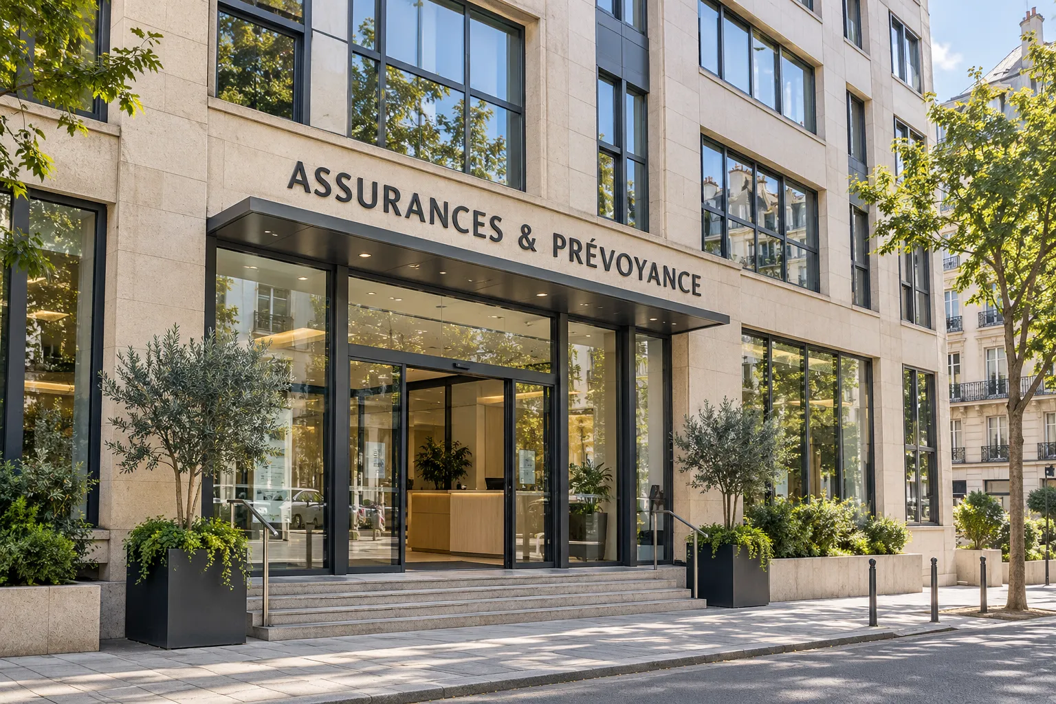 Façade d’un organisme d’assurance et de prévoyance collective en France, avec entrée principale et architecture institutionnelle contemporaine