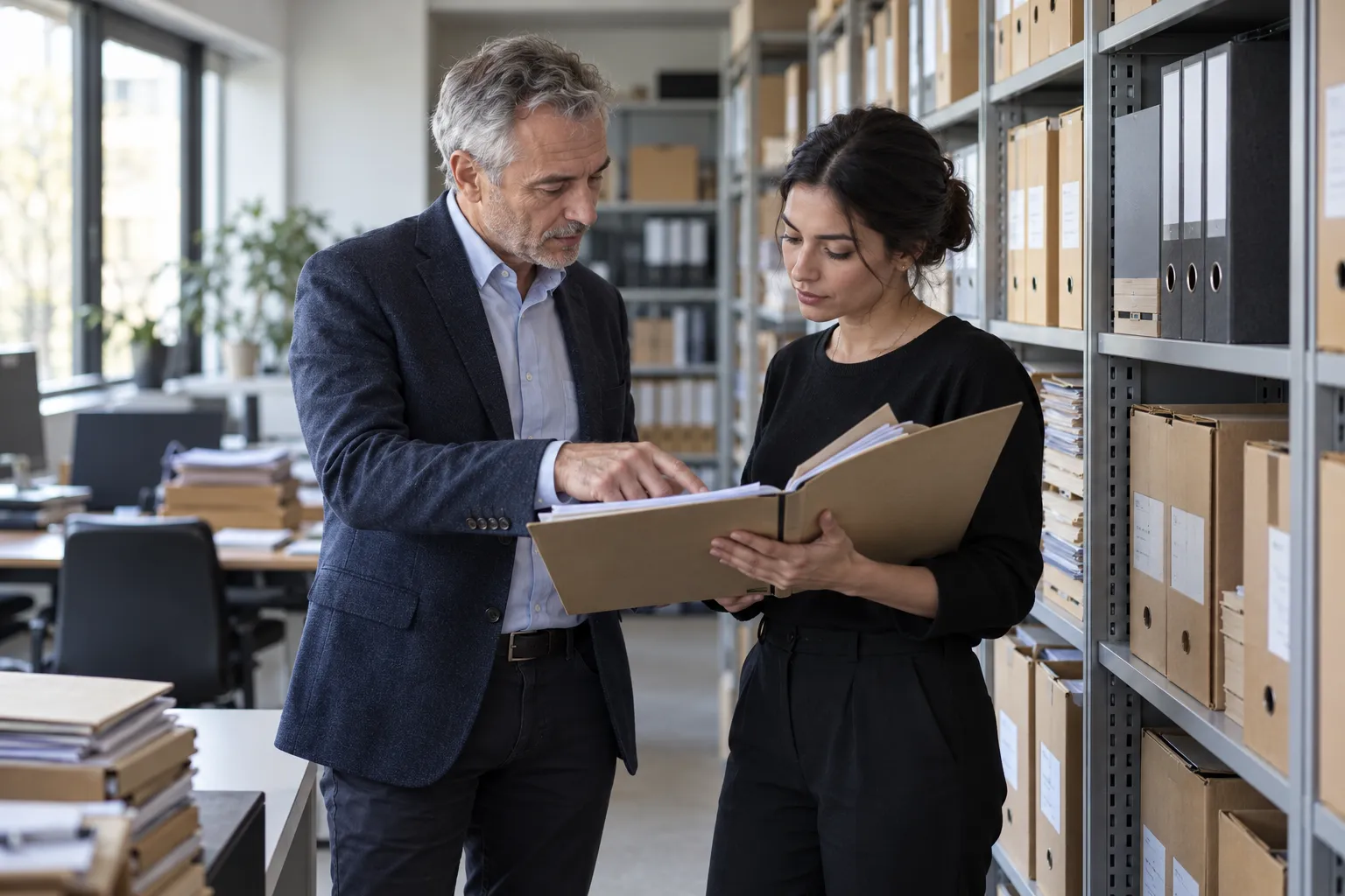 Une collaboratrice expérimentée transmet un dossier professionnel à un jeune collègue dans un cabinet d’expertise comptable
