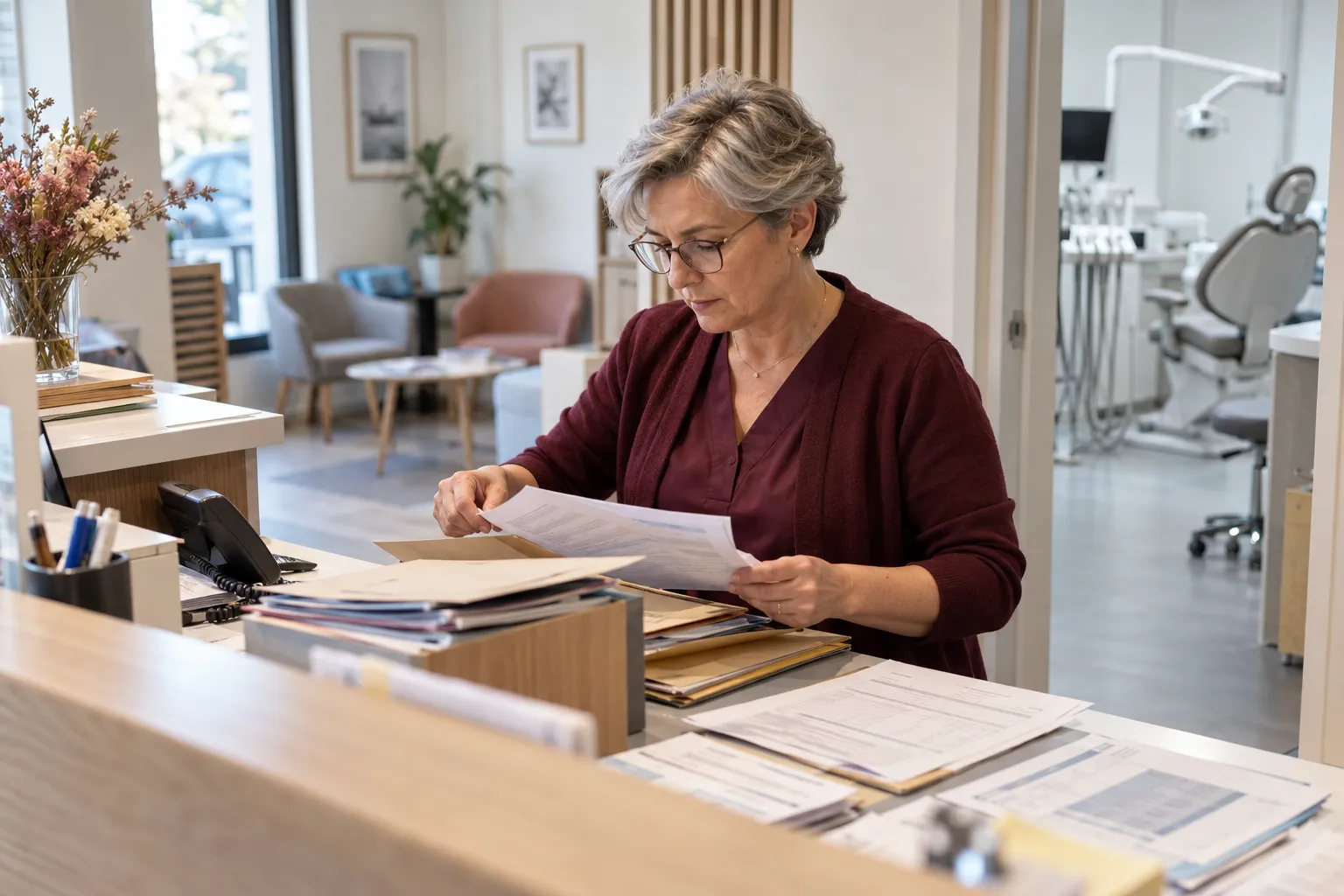 Prime de secrétariat dans les cabinets dentaires : réceptionniste effectuant des travaux de précomptabilité et de secrétariat