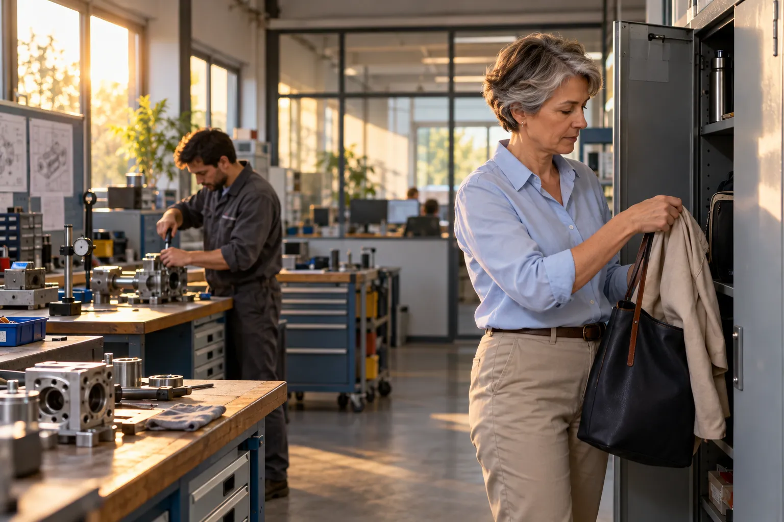 Une ingénieure quitte son poste de travail dans un bureau d'études techniques français tandis qu'un collègue poursuit des essais de composants