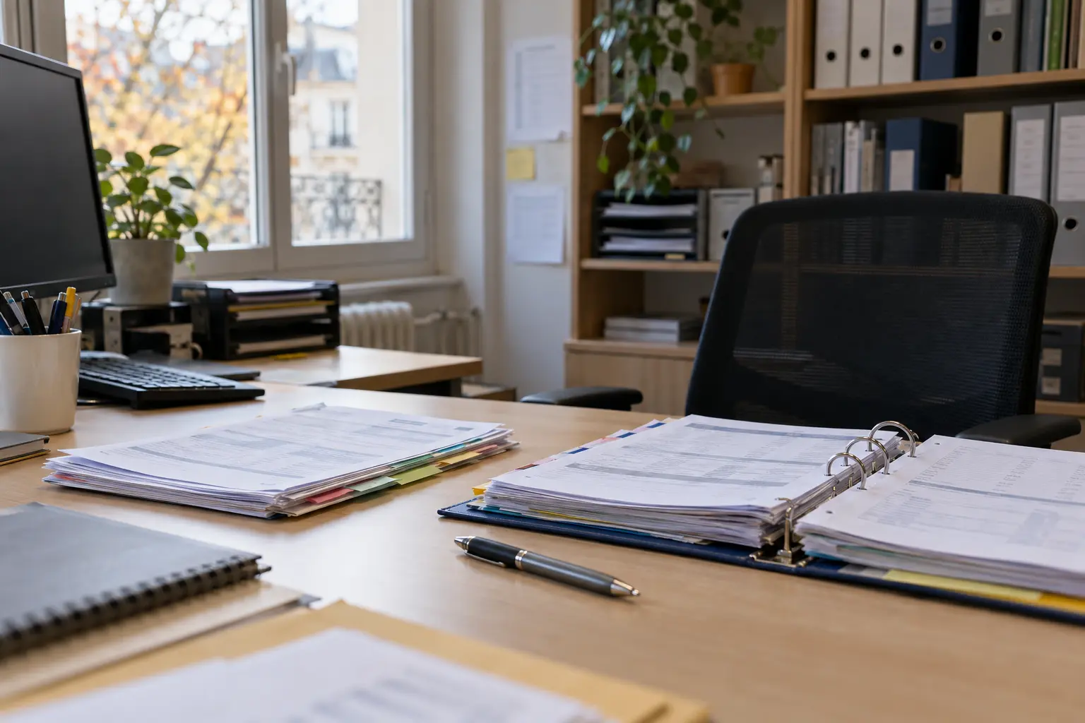 Bureau professionnel avec documents de paie et dossiers de rémunération disposés pour un contrôle de régularisation.