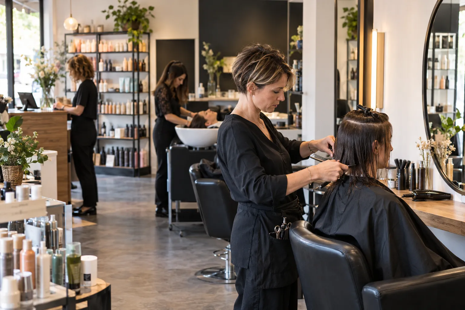 Coiffeuse réalisant une prestation dans un salon de coiffure français, avec l’espace de vente de produits capillaires en arrière-plan