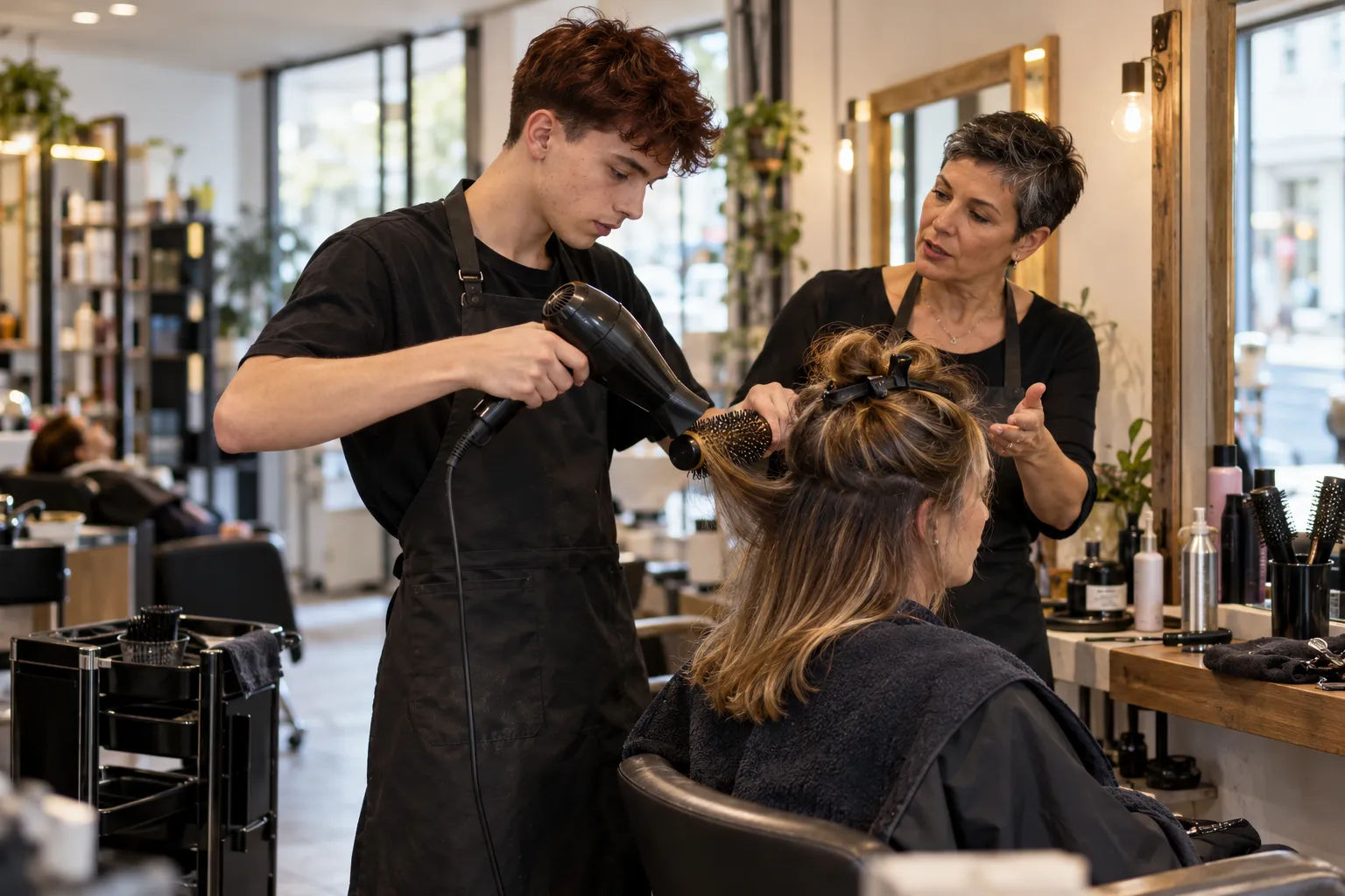 Salaire d'un apprenti coiffeur : apprenti réalisant un brushing avec sa maître d'apprentissage