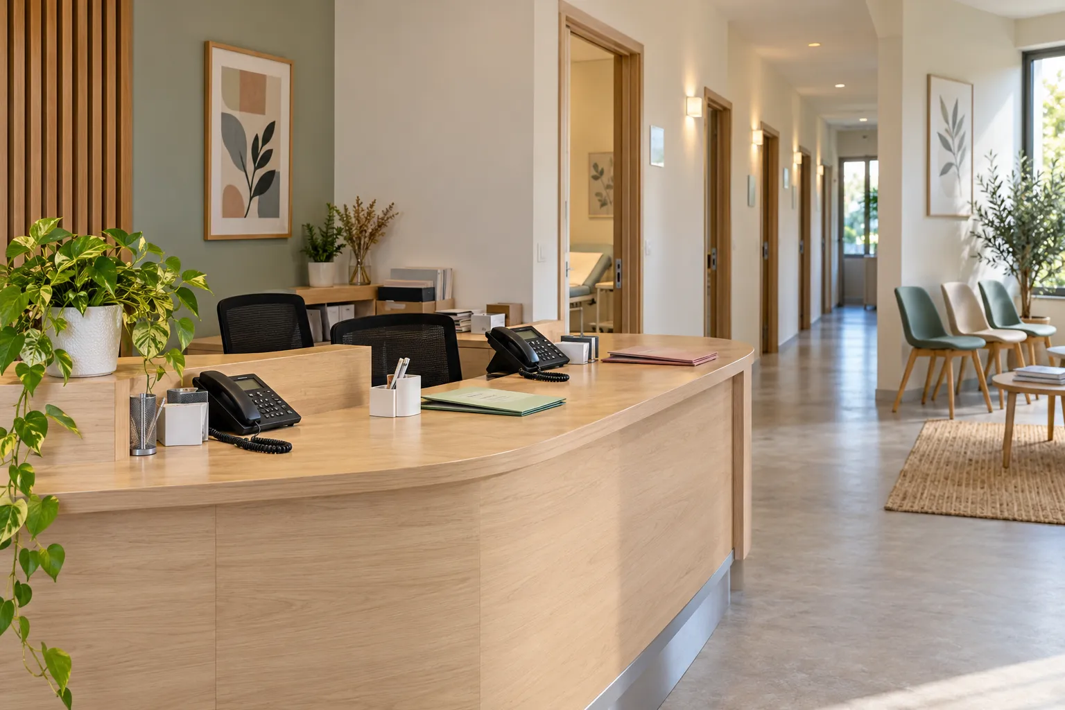 Espace d’accueil commun à plusieurs cabinets de professionnels de santé avec comptoir de secrétariat et couloir desservant les salles de consultation