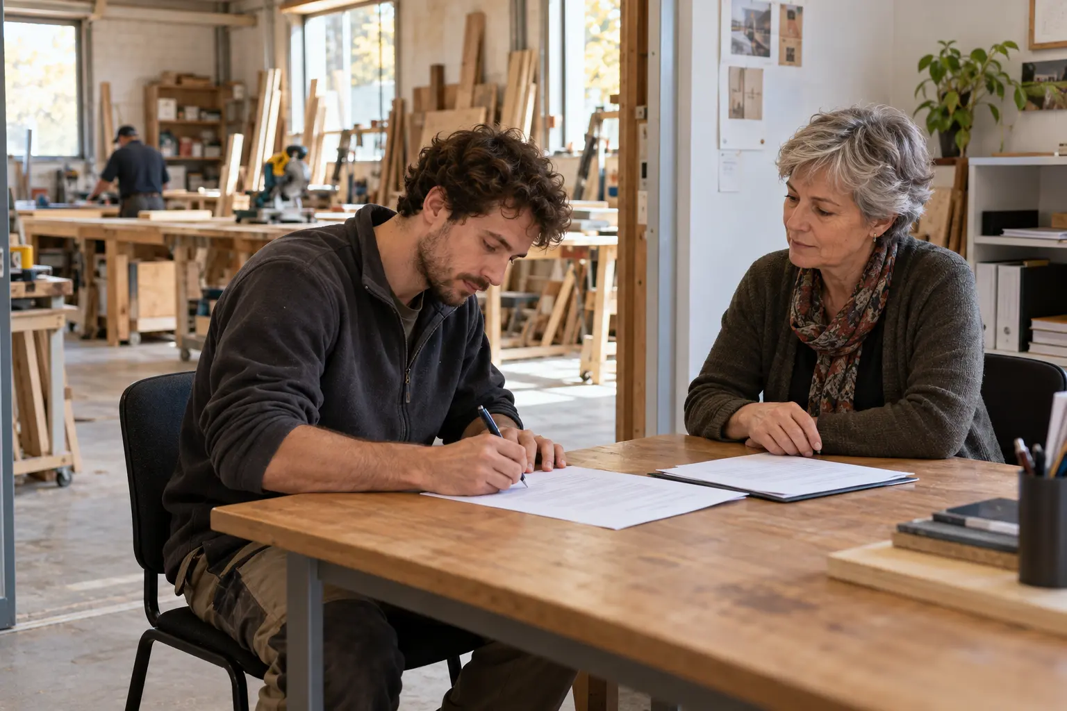 Signature d'un contrat de travail entre une employeuse et un salarié dans une petite entreprise française.