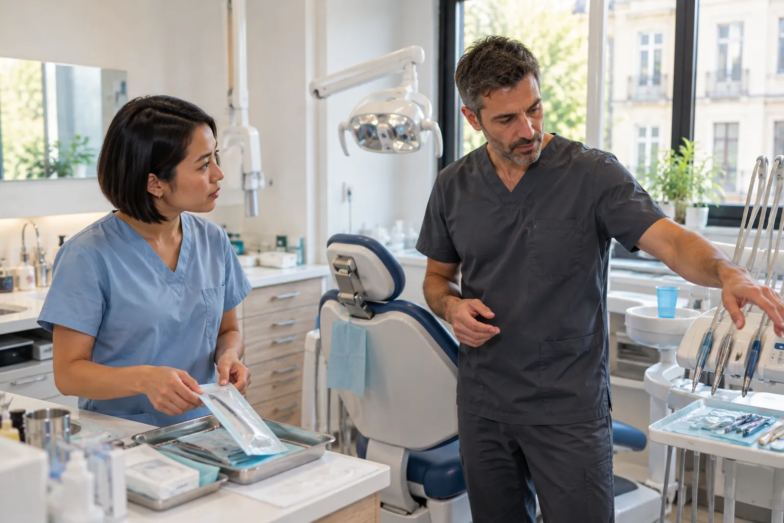 Chirurgien-dentiste échangeant avec son assistante dentaire sur l’organisation des soins dans un cabinet dentaire